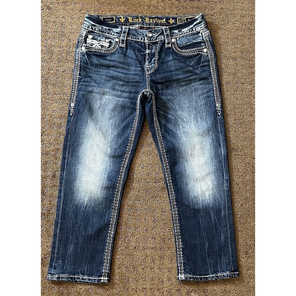 Rock Revival Cloee Easy Capri Jeans Women’s 27 Blue Denim Embellished Rhinestone